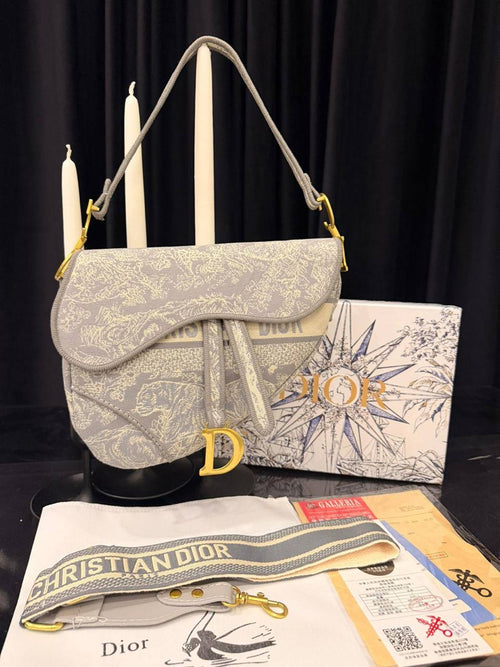 Borsa da sella Dior in ricamo Toile de Jouy blu/Grey /black